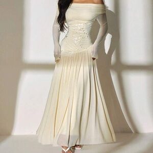 Veloura Elegant Off-Shoulder Cream Maxi Dress with Embroidered Waist
